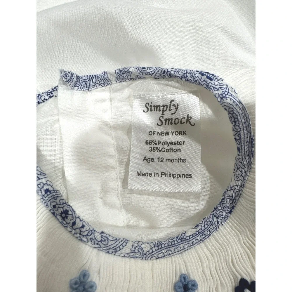 Simply Smock Baby Girl Smocked Dress White Blue‎ 12M Heirloom Easter Baptism